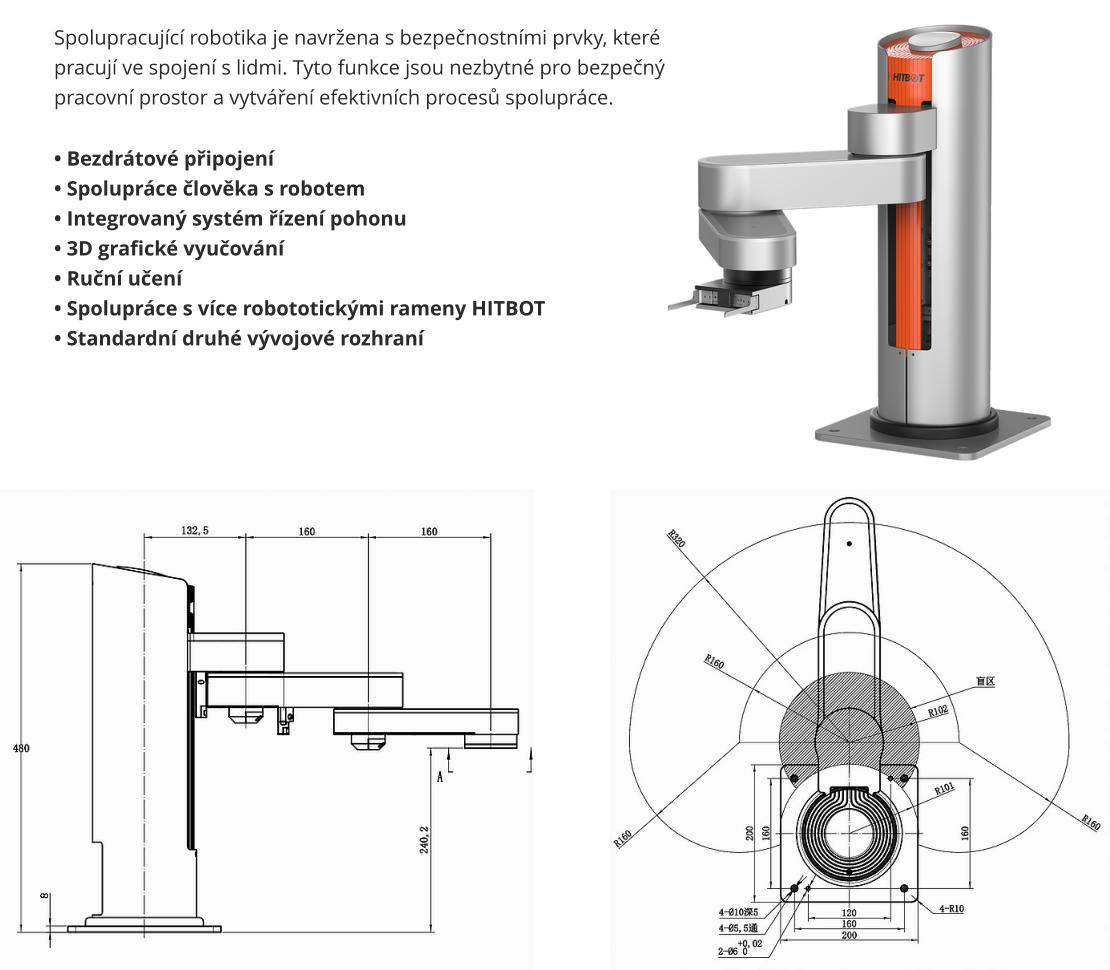 Spolupracující robotika je navržena s bezpečnostními prvky, které pracují ve spojení s lidmi. Tyto funkce jsou nezbytné pro bezpečný pracovní prostor a vytváření efektivních procesů spolupráce.  • Bezdrátové připojení • Spolupráce člověka s robotem • Integrovaný systém řízení pohonu • 3D grafické vyučování • Ruční učení • Spolupráce s více robototickými rameny HITBOT • Standardní druhé vývojové rozhraní