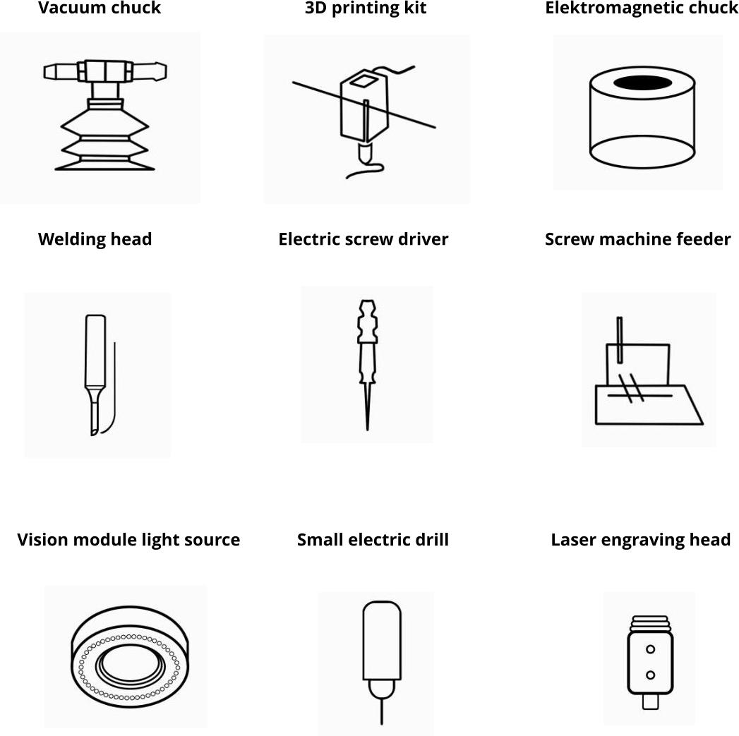 Vacuum chuck						3D printing kit					Elektromagnetic chuck Welding head					Electric screw driver				Screw machine feeder Vision module light source		   Small electric drill				Laser engraving head