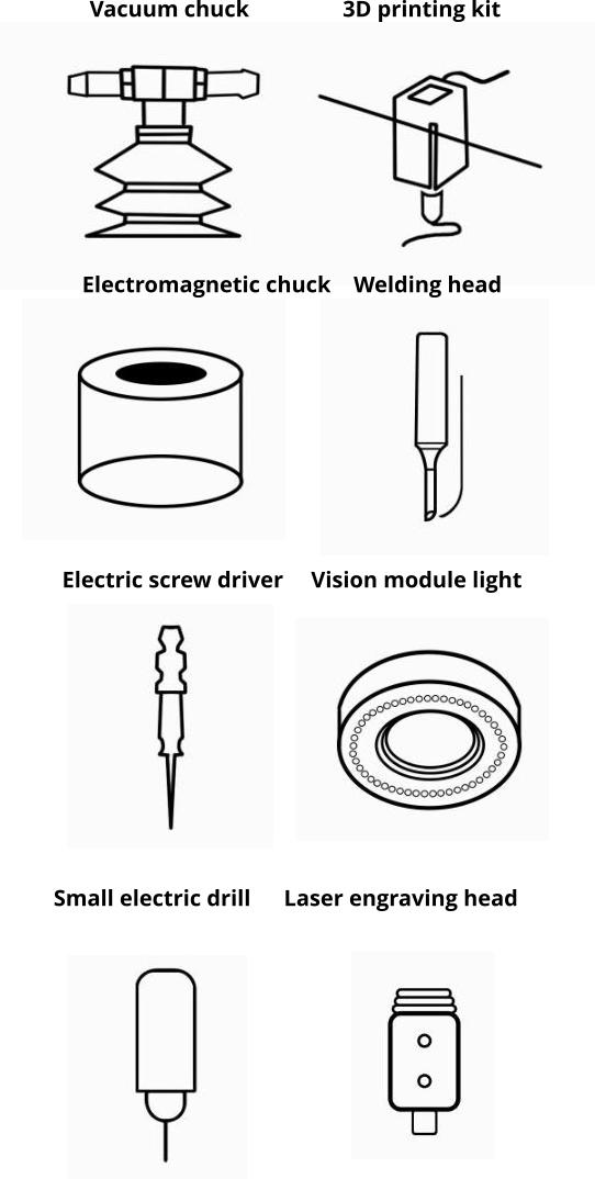 Vacuum chuck		        3D printing kit Electromagnetic chuck    Welding head Electric screw driver	Vision module light Small electric drill	    Laser engraving head